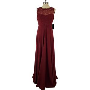 Lulus Chiffon Lace Maxi Dress Sz L Sleeveless Burgundy Formal Wedding Prom